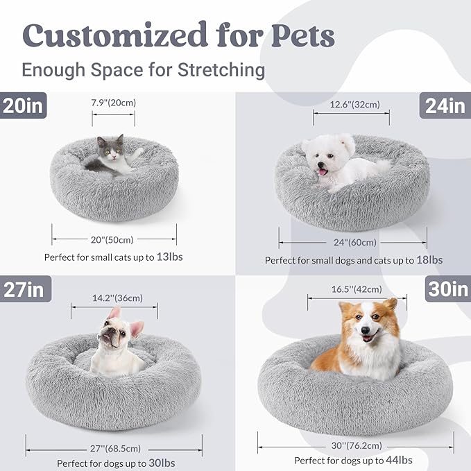 rabbitgoo Calming Dog Bed for Small Medium, 27 inches Pet Bed Machine Washable, Non-Slip Round Fluffy Plush Faux Fur, Soft Donut Cuddler Cushion for Small Dogs, Light Grey