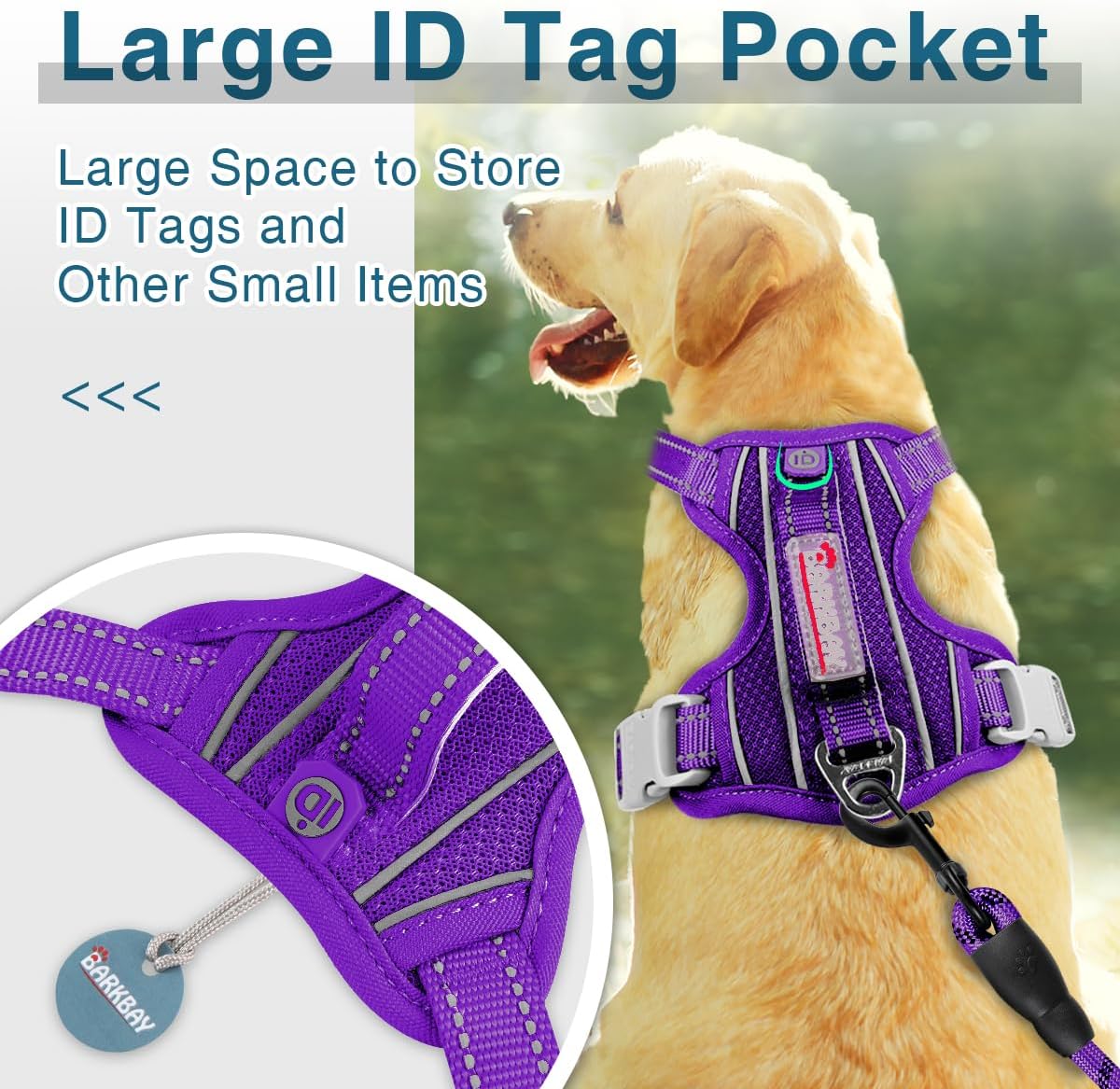 BARKBAY Dog Harness No Pull with ID Tag Pocket - Heavy Duty, Reflective, Easy Control for Large Dogs(Purple,L)