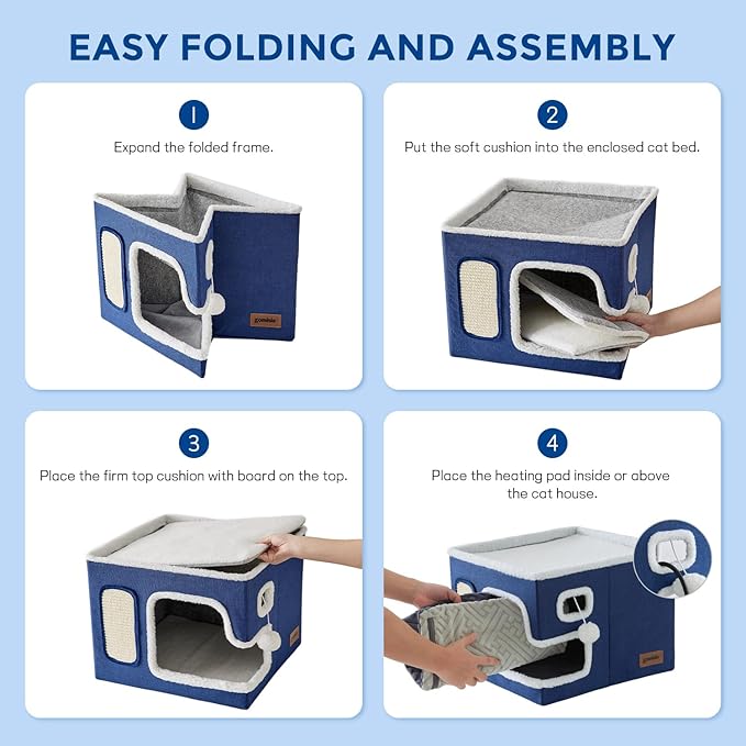 Heated Cat House for Indoor Cats - Cat Warming Bed for Winter with Fluffy Ball Hanging and Adjustable Heating Pad, Foldable Cat Hideaway,16.5x16.5x13 inches, Green