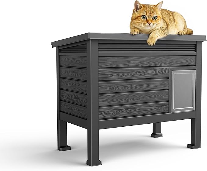 Cat House Outdoor,Weatherproof Feral Cat Shelter with Raised Floor&Windscreen,Resin Insulated Cat House for Winter,for Cats and Small Animals,Black