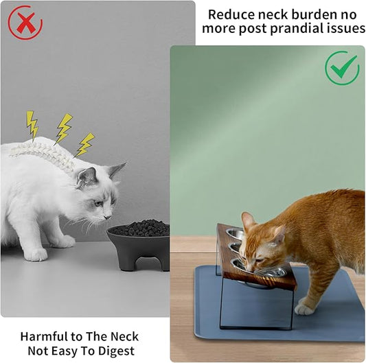 Upgraded Elevated Cat Bowls with Food Mat,15°Tilted Stand Anti Vomiting Raised Cat Dishes for Food and Water,3 Stainless Steel Bowls for Cats and Puppy（Rustic Brown）