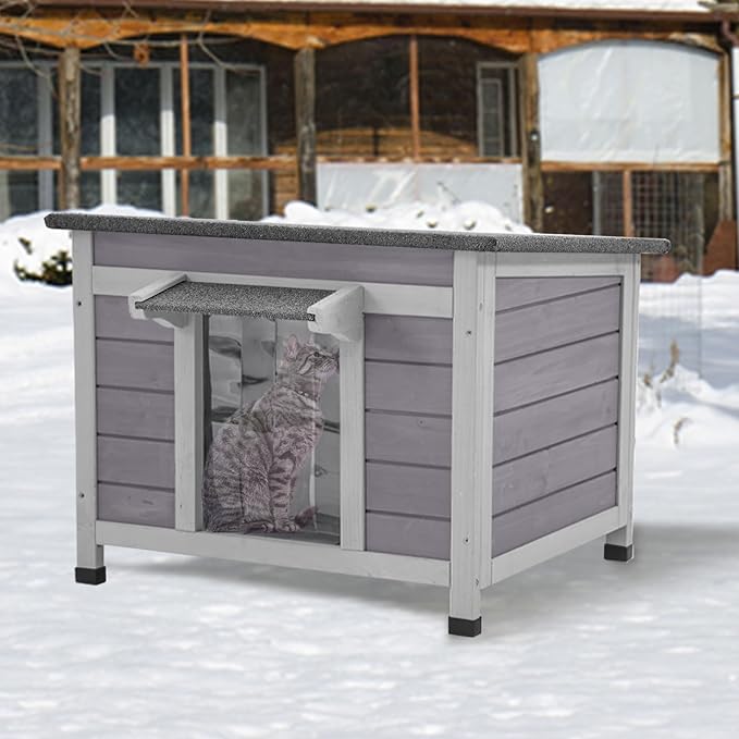 GUTINNEEN Outdoor Cat House Insulated Cat House Weatherproof Feral Cat Shelter with Hinged Asphalt Roof & Covered Opening, PVC Door Curtain, Raised Floor for Cats