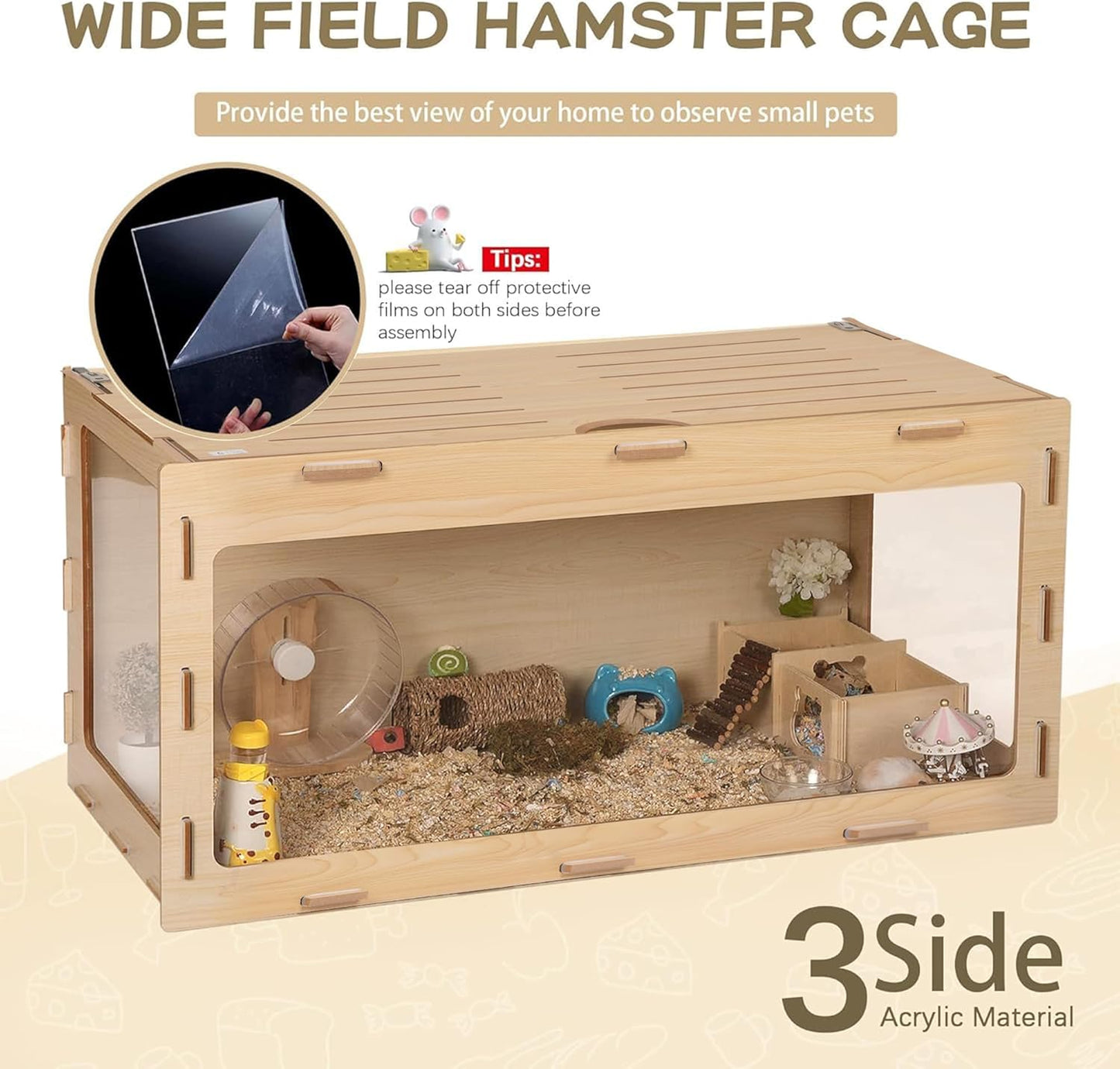 COZIWOW Wooden Hamster Cage Chewproof, Bigger World - 32" Large Hamster Cages and Habitats, Openable Top & 3 Side Acrylic Sheets, Small Animal Cage Pet House for Syrian Dwarf Guinea Pig Chinchilla