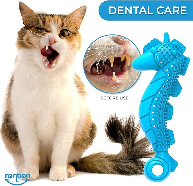 Ronton Cat Toothbrush Catnip Toy - Durable Hard Rubber - Cat Dental Care, Cat Interactive Toothbrush Chew Toy (1 Pack_Seahorse)