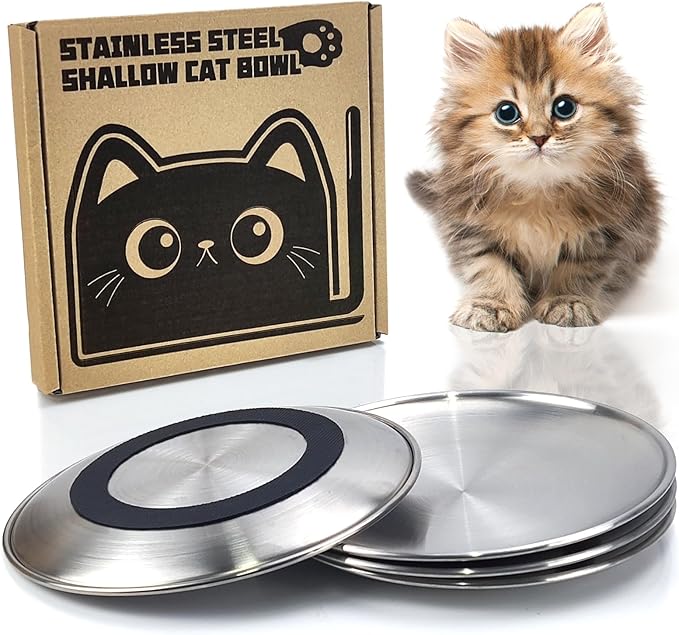 4 Pcs 304 Stainless Steel Cat Bowls - 6.7 Inch Metal Wide Shallow Bowls, Whisker Friendly, Indoor Cats & Kittens