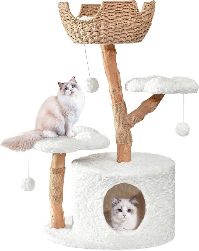 Easyego Modern Cat Tree, Aesthetic Wood Cat Tree Tower for Large Cats, Luxury Cat Condo with Scratching Posts and Flower Platforms, Cat Furniture by Easyego, (Rabbit Hair - White)