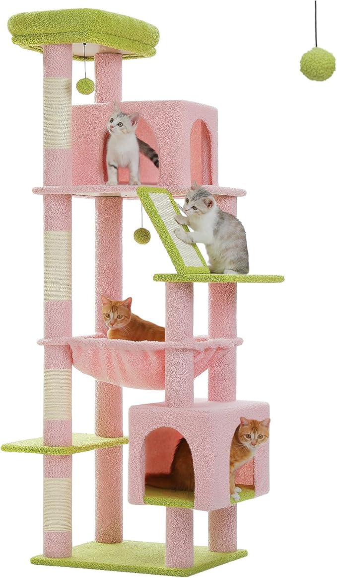 71 Inch Tall Pink Cat Tree for Indoor Cats Large Adult, Multi-Level Cat Tower with Extra Large Hammock, 2 Cat Caves, Spacious Top Perch, Scratching Pad