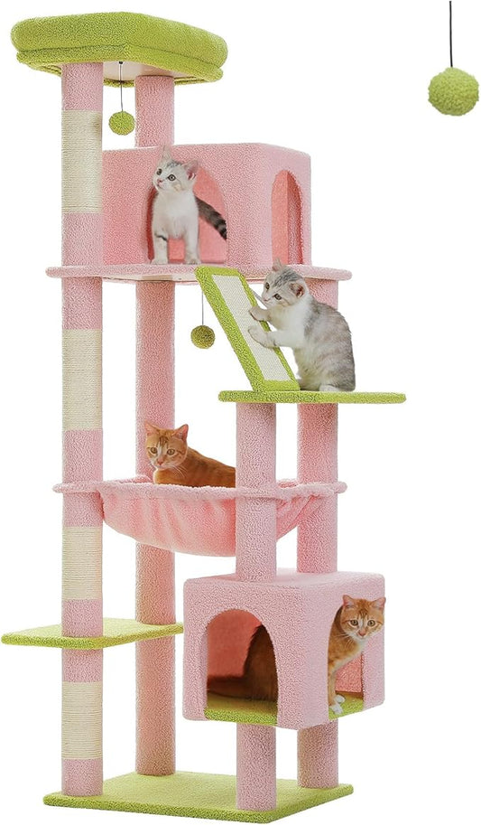 71 Inch Tall Pink Cat Tree for Indoor Cats Large Adult, Multi-Level Cat Tower with Extra Large Hammock, 2 Cat Caves, Spacious Top Perch, Scratching Pad