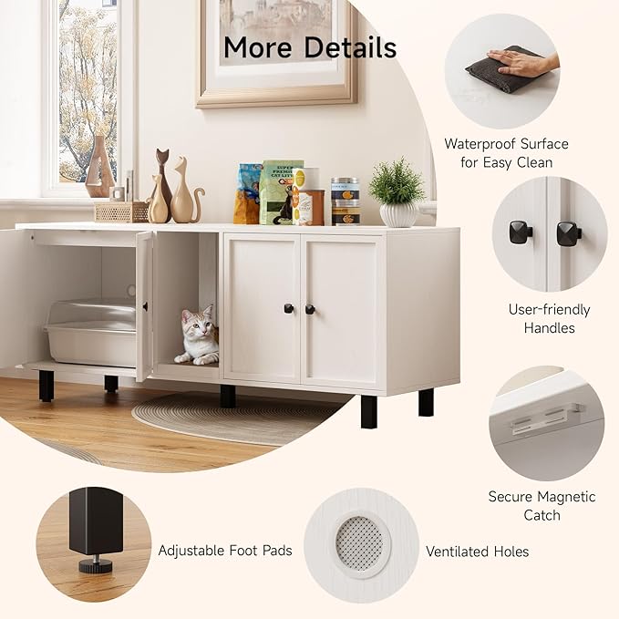 59 Inches Cat Litter Box Enclosure for 2 Cats, Hidden Litter Boxes Furniture with Cat Scratch Pad, Large Indoor Pet House with Double Room, Wooden TV Stand Side Table, Off White