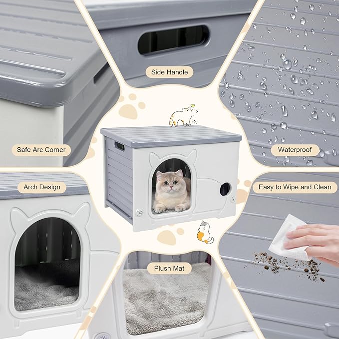 Heated Cat House, Cat Shelter Indoor, Weatherproof Waterproof Plastic Stackable Cat House for Winter with Heating Mat(Gray)