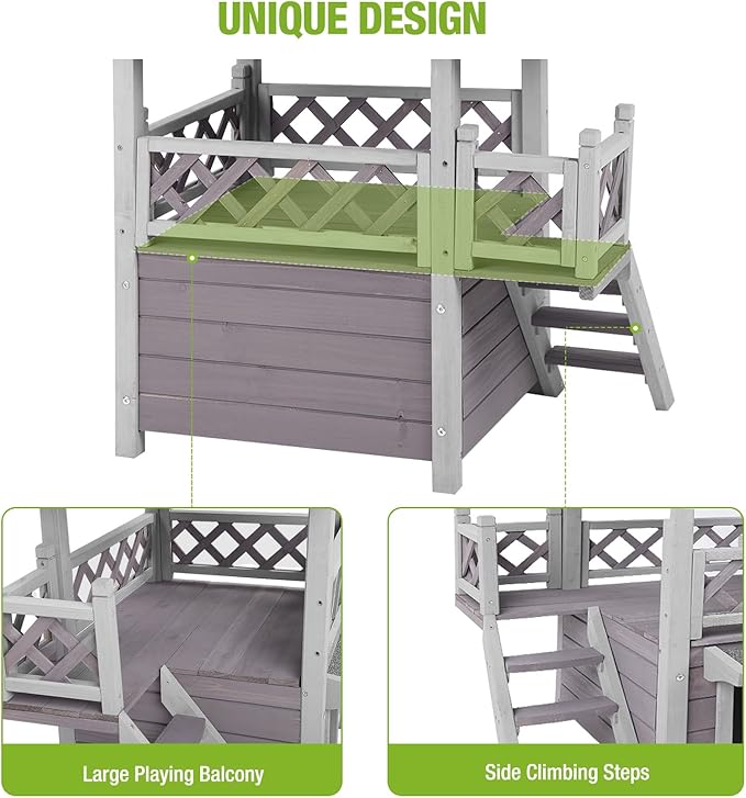 GUTINNEEN Cat House Outdoor Indoor, Weatherproof Outside Feral Cat Shelter,2-Level Wooden Kitten House with Stairs, Waterproof Roof and Balcony