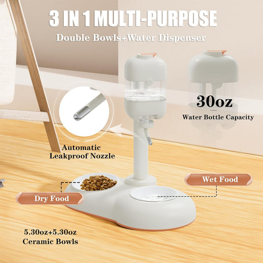 Pet Bowls with Weaning Bottles,3 in 1 Height Adjustable Water Dispenser for Dogs,15°Tilted Food Bowls for Small Dogs,Puppy Feeding,Pet Food Bowls for Cats,Rabbits,Ferrets