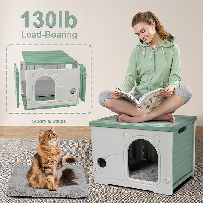 Plastic Cat House for Indoor Outdoor, Weatherproof Outside Cat House for Feral Cat, Stackable Cat Shelter with Plush Cushion (Green)