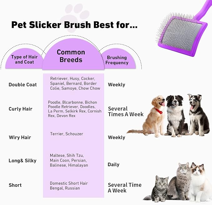 Dog Slicker Brush for Shedding and Grooming Medium or Long Haired Cats, Extra Long & Soft Pin Slicker Brush for Removes Loose Hair, Tangles, Knots, Undercoat, Free Pet Comb, Large Purple