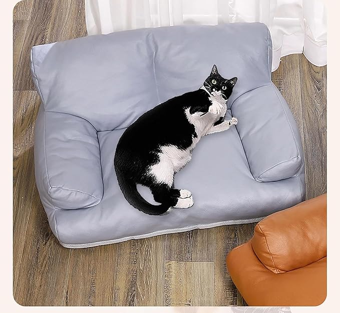 Pet Sofa Bed, Vintage Cat Dog Faux Leather Sofa with Non-Slip Bottom for Dogs Cats (Grey, Large)