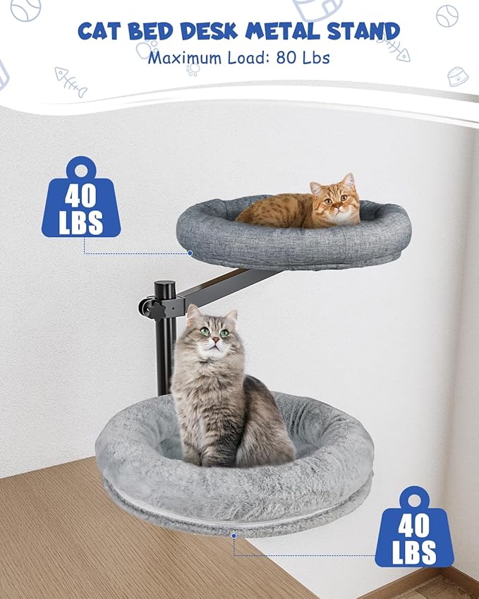 Double Cat Desk Bed, 360° Rotating Elevated Desk Cat Bed, Adjustable Raised Desk Kitten Bed Up to 80 LBS, Washable Soft Fabric Pet Desks Nest Beds, Cat Hammock Wall Mounted for Office and Game Tables