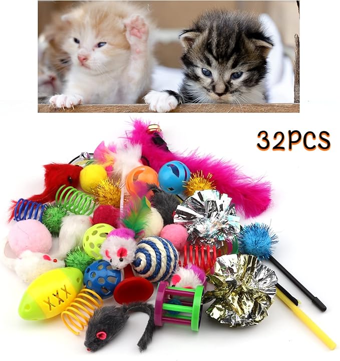 Cat Toys Kitten Toys Assortments, 32 Packs Cat Toys Variety Pack for Kitty, Cat Balls with Bells,Cat Feather Toy, Cat Mouse Toy, Cat Crinkle Balls, Catnip Toys for Indoor Cats Kittens
