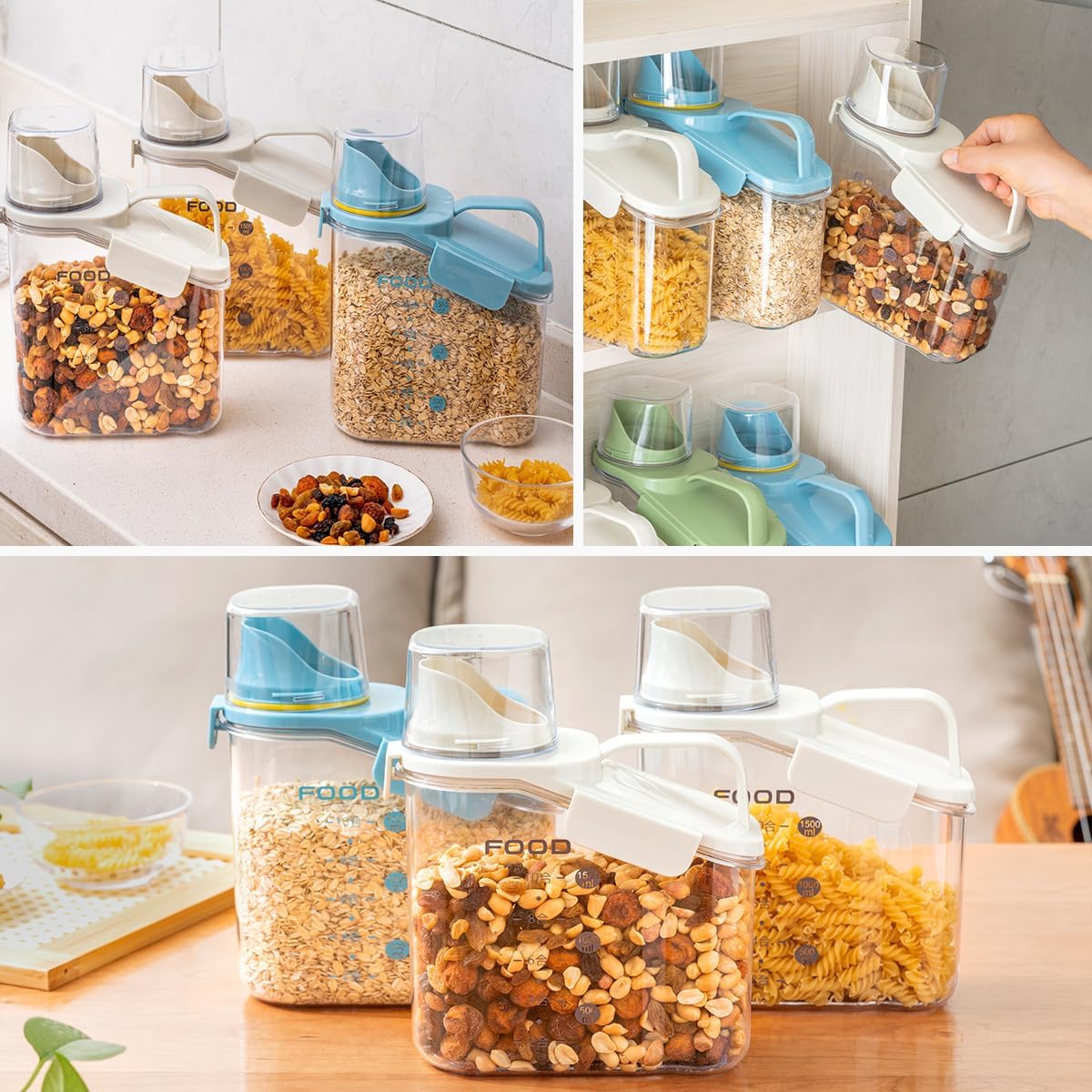 3 Pieces Cereal Containers Storage, 51fl.oz/1.5L Compact Crystal Clear Dry Food Storage Containers with Pouring Spout Measuring Cup for Rice Nuts Beans Pet Food Snacks Candies, 3PCS