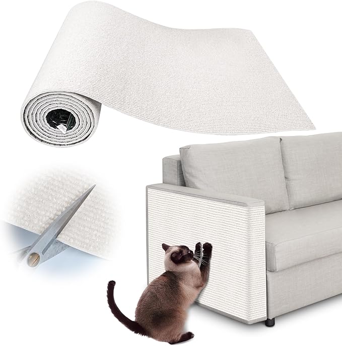 Cat Scratch Furniture Protector - 118"x15.8" Trimmable Self-Adhesive Cat Claws Scratch Pads, DIY Kitten Climbing Couch Protector for Scratching Post Cat Tree Replacement Indoor (Cream White)