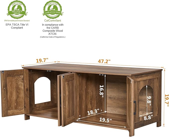 Homhedy Cat Litter Box Enclosure for 2 Cats, Wooden Pet Washroom Furniture with Double Room, Cat House, 47.2”L x 19.7”W x 19.7”H, Rustic Walnut