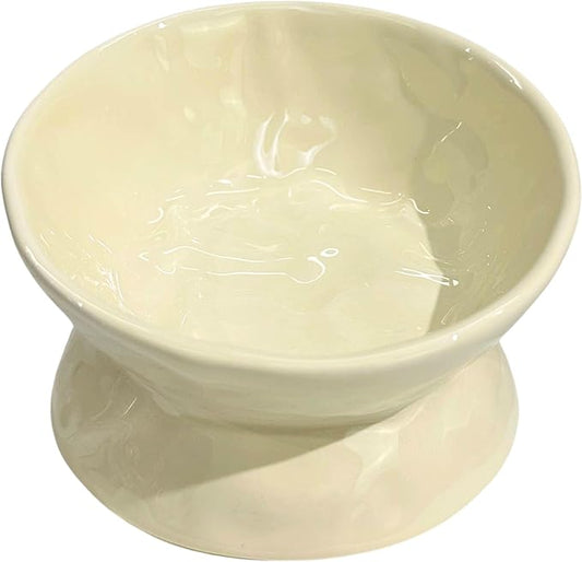 Ceramic Raised Cat Bowl, Elevated Pet Food Bowl for Small Dog, Cute Cat Dish Tilted, Whisker Fatigue, Wrinkle Texture (Yellow)