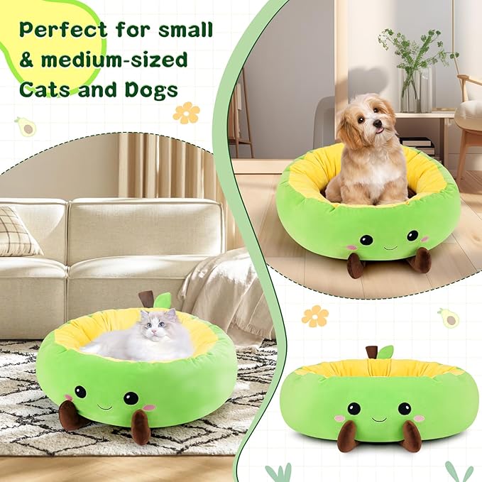 Avocado Heated Cat Bed - Cute Round Dog Bed, Warming Pet Bed for Indoor Cats & Small Dogs, Washable Calming Nest with Heating Pad & Timer, Green Pet Heating Pad for Cats and Dogs