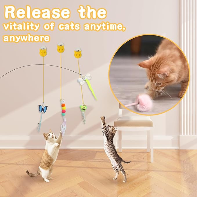 Cat Toys 6Pcs with Interactive Wand & Hanging Door Toys – Interactive Cat Feather Toy for Indoor Cats, Bored Cats – Includes Bells, Replaceable Heads, Adjustable Elastic Rope