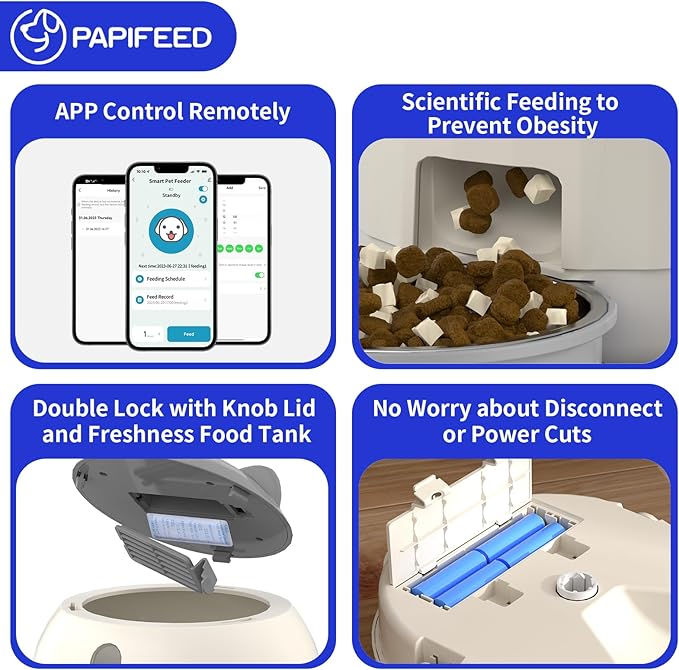PAPIFEED Automatic Cat Feeder, 2.4G WiFi Auto Cat Food Dispenser with App Control, 3L Auto Pet Feeder with Dual Power Supply, Detachable for Easy Clean for Cats and Small Dogs, Grey