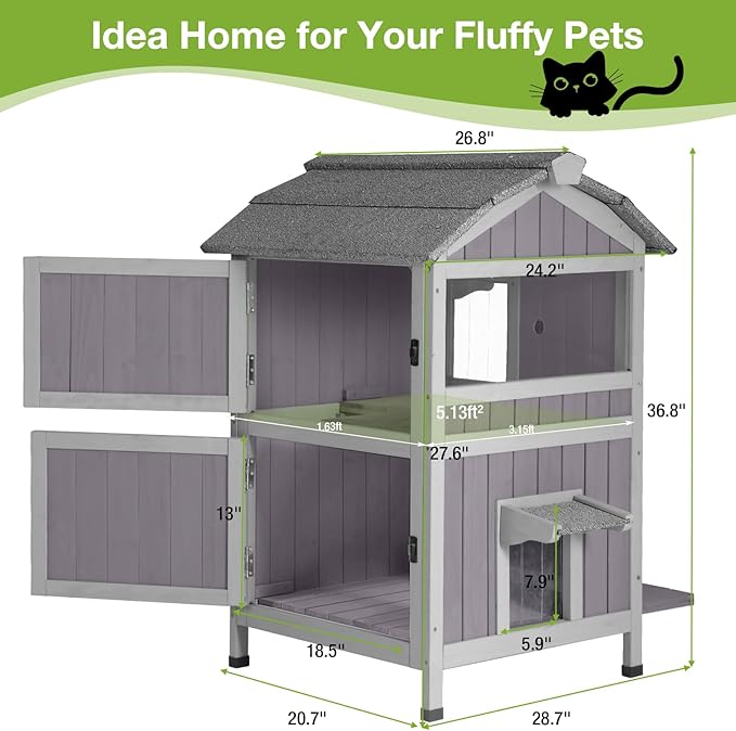 Insulated Outdoor Cat House with Escape Door 2-Story Weatherproof Kitty Shelter with Insulated Liner Large Feral Cat Shelter with Window