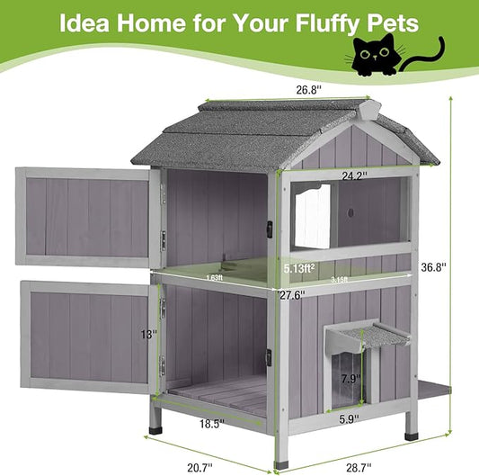 Insulated Outdoor Cat House with Escape Door 2-Story Weatherproof Kitty Shelter with Insulated Liner Large Feral Cat Shelter with Window