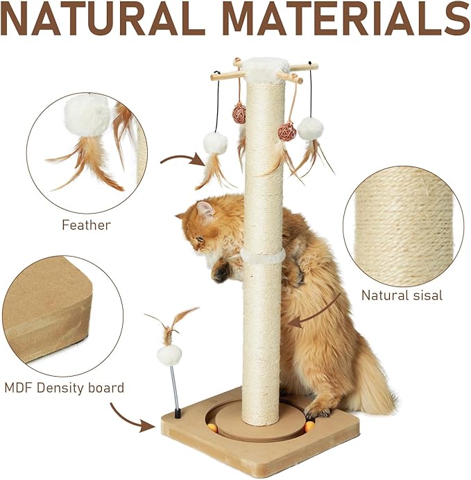 PEEKAB Cat Scratching Post 33 Inches Tall Large Sisal Scratch Posts with Track Ball Toys for Indoor Cats and Kittens,Vertical Scratcher Toy Beige