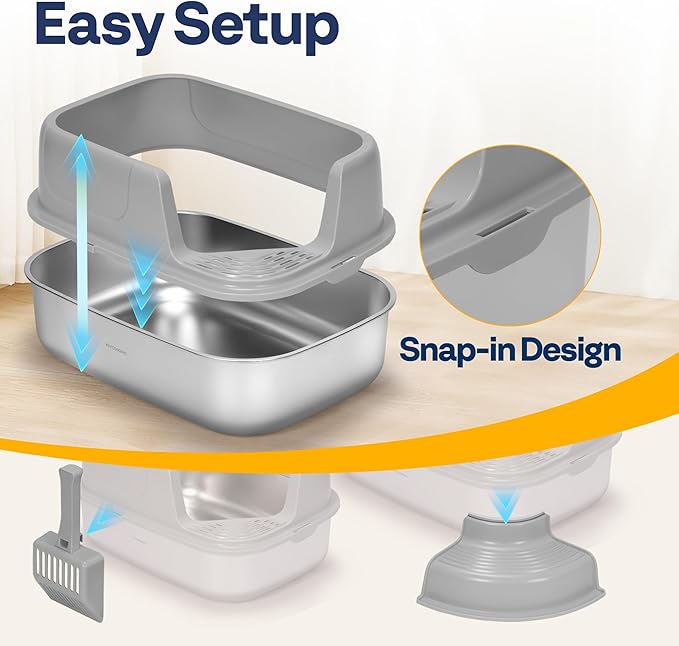 VIVOHOME XL Stainless Steel Cat Litter Box with Cover and Steps, 23'' x 17'' x 12'' Large Metal Litter Box for Cats with Scoop, Easy to Clean, Non-Slip, Ideal for Big or Multiple Cats, Light Gray