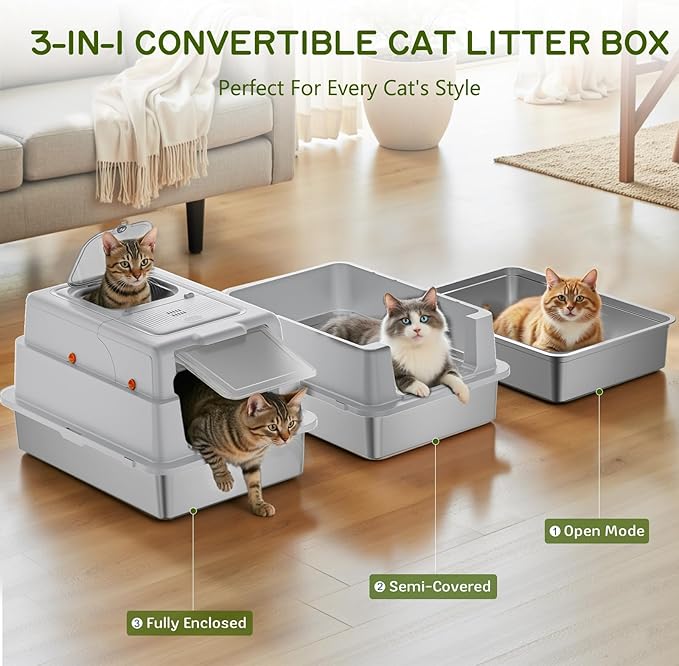 Stainless Steel Litter Box with Lid, 28" XXXL Large Cat Litter Box Enclosure for Multiple Cats, Odor Control with Carbon Filters, Anti-Leak High Sided, Includes Removable Lid & Scoop Light Gray