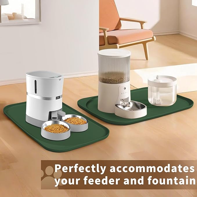 Silicone Pet Feeding Mat with Raised Edge & Residue Collection Pocket for Food and Water, Dog Bowl Mats, Cat Bowls Placemat with High Lip for Floor Waterproof, 24 x 16 x 0.8 Dark Olive