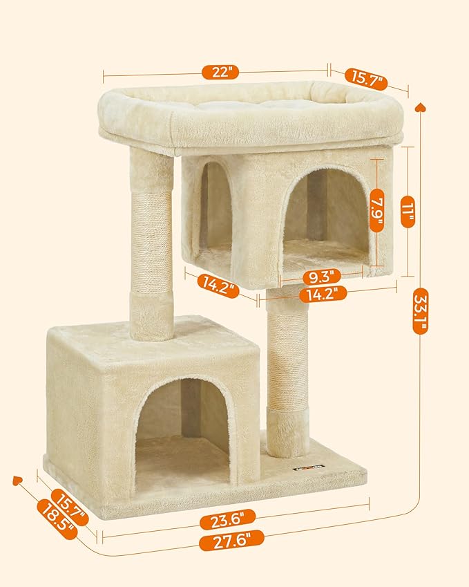 Feandrea Cat Tree, 33.1-Inch Cat Tower, L, Cat Condo for Large Cats up to 16 lb, Large Cat Perch, 2 Cat Caves, Scratching Post, Beige UPCT61M