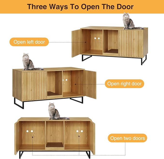 Cat Litter Box Enclosure for 2 Cats, 47.6’’ Litter Box Furniture Hidden with Scratch Pad, Double Room Large Cat Cabinet, Indoor Pet House TV Stand Side Table,Cats Washroom, Natural