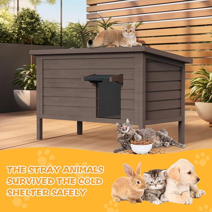 rehitk Outdoor Cat House for Winter Feral Cat House Waterproof All-Round Foam Insulated and Thermostatic Large Outdoor Cat Shelter, Solid Wood Cat Condos for Multiple Cats 34.4 "L * 21.7" W * 27.2" H