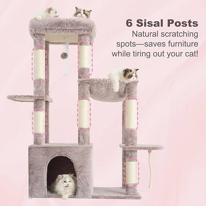 Heybly Heavy Duty Cat Tree, Tower for Indoor Cats Large Adult, Tall Cat Condo House with Extra-Large Baseboard, Multi-Level Plush Furniture with Scratching Posts, Hammock, Toy Ball, Muchroom HCT026MU