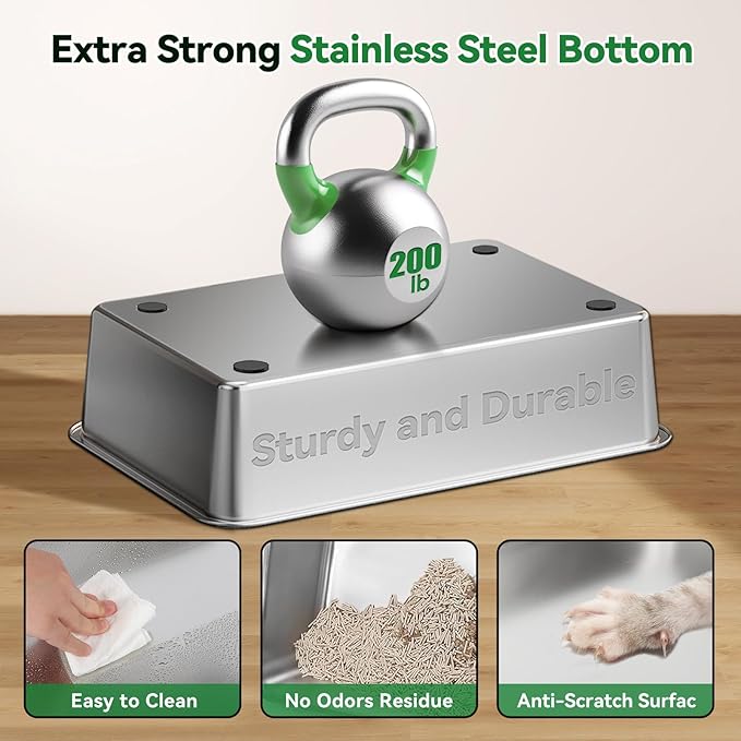 Stainless Steel Litter Box with Lid, Cat Litter Box Enclosure XL Odor-Proof with Litter Mat, Covered Litter Box Rust-Resistant Durable for Big Cat, Easy Clean 37L Capacity (Green)