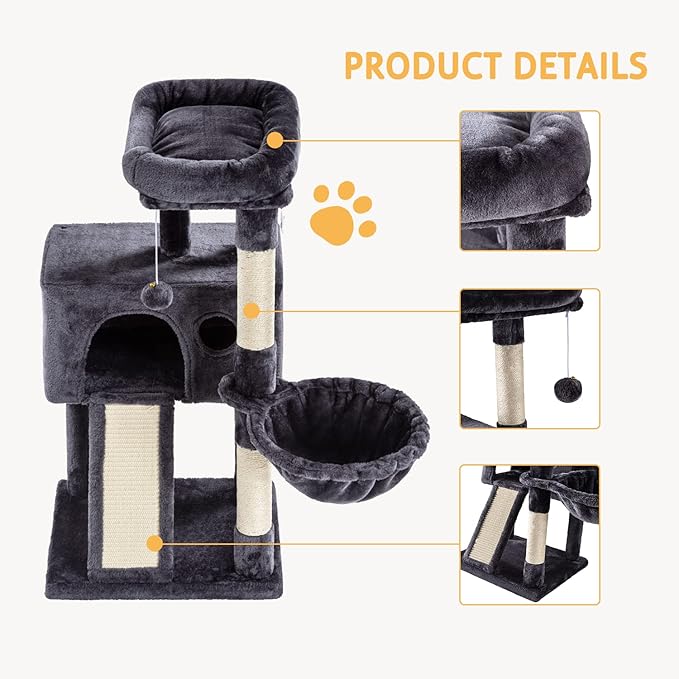 SHA CERLIN Cat Tree 36 Inches Cat Tower with Hammock, Sisal Scratching Post for Indoor Kittens, Small Room, Smoky Grey