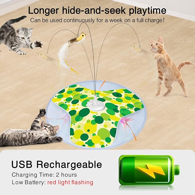 Interactive Cat Toy, Rechargeable Automatic Cat Toys for Indoor Cats, Motion Activated Hide and Seek Cat Toy with Bird Cat Wand, Moving Feather for Bored Indoor Adult Cats/Kittens