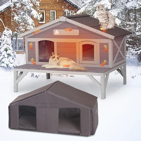 GUTINNEEN Insulated Outdoor Cat House Weatherproof with Detachable 100% Insulated Liner, 3 Entry Doors, Elevated Base & UV/Rain Protection - Indoor/Outdoor Kitty Shelter for Small-Medium Pets
