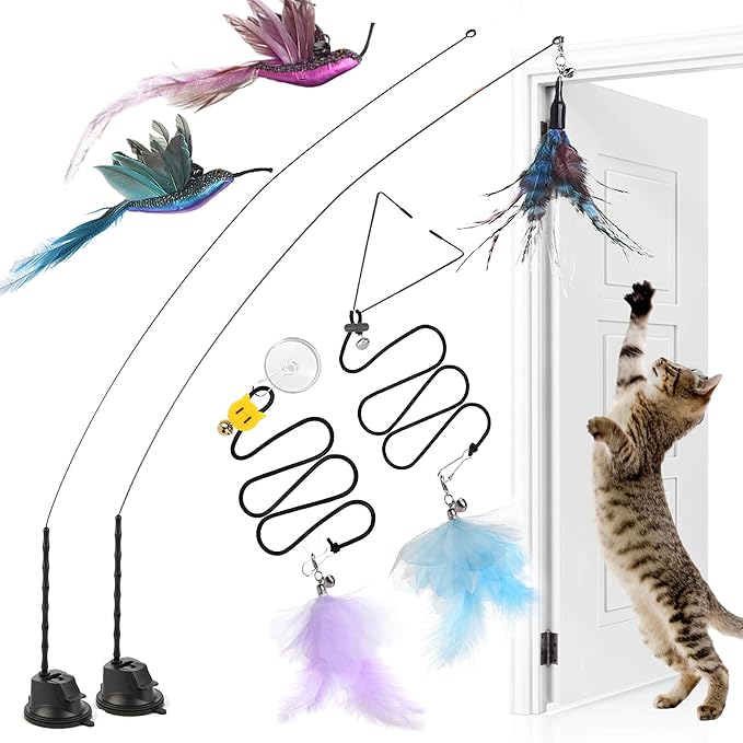 4-in-1 Interactive Cat Wand Feather Toys,Wand Self-Holding Suction Cups Base,Include Detachable 2 Simulation Bird Toy and 3 Feathers Toys,2 Types Hanging Door Kitten Toy