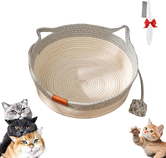 Stimulicat Cat Bed, Stimulicat Handwoven Cat Basket, Foldable Round Cotton Rope Cats Beds with Toy Tail and Built-in Scratching Pad, Scratch Resistance Easy to Clean (Gray, Large)