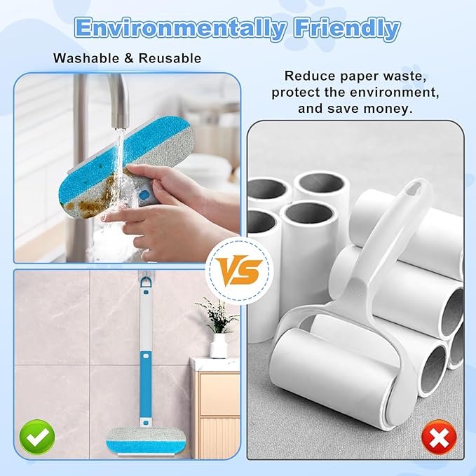 Multifunctional Pet Hair Remover Tool, 4 in 1-Reusable Washable Long Handle Dog&Cat Fur Hair Remover for Furniture,Carpet,Couch,Clothes,Bedding,Car,Window,Better Than Lint Rollers, with 2 Scrapers