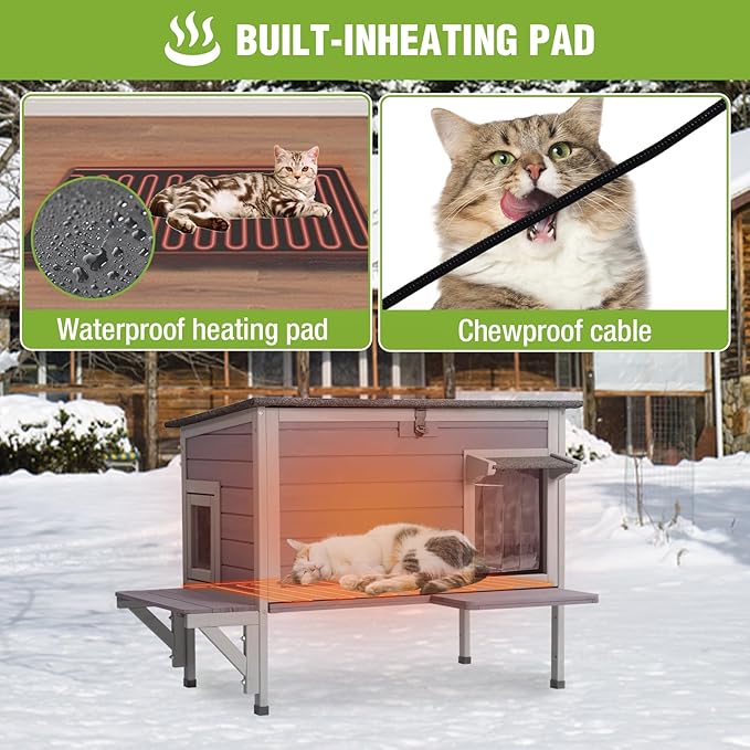 GUTINNEEN Heated Cat House Outdoor Cat House Insulated Large Weatherproof Feral Cat Shelter with Heated Pad, Insulated All-Round Thermal Liner, Chewproof Cable for 1-4 Cats (Winter-Ready)