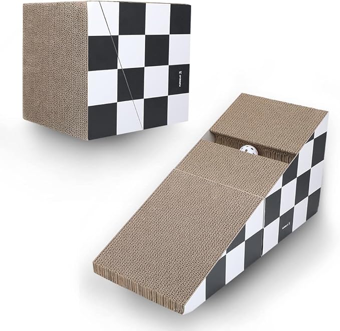 FluffyDream Cat Scratching Board with Ball, Triangle Cat Scratching Cardboard, Multiple Scratching Angles, 2-in-1 Scratching Lounge Bed, Recyclable and Durable, Furniture Protector, Black and White