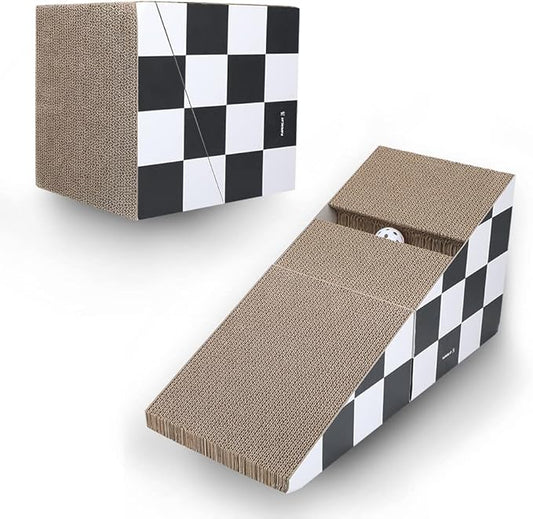 FluffyDream Cat Scratching Board with Ball, Triangle Cat Scratching Cardboard, Multiple Scratching Angles, 2-in-1 Scratching Lounge Bed, Recyclable and Durable, Furniture Protector, Black and White