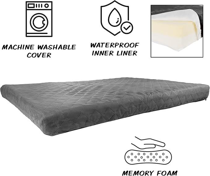 PETMAKER Waterproof Dog Bed - 2-Layer Memory Foam Pet Pad with Removable Machine Washable Cover - 44x35 Crate Mat for Dogs or Puppies (Gray)