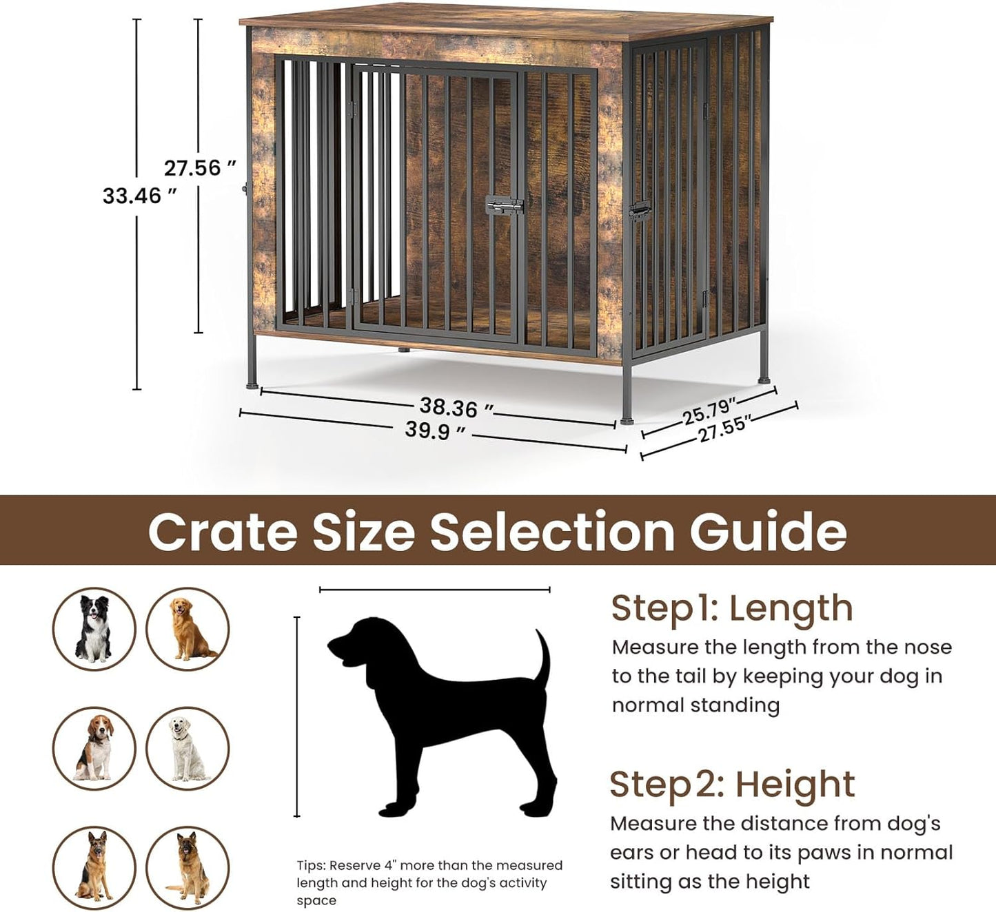 Dog Crate Furniture 40" Sturdy Heavy Duty Dog Kennel Solid Metal Tube Thick Wooden with 3 Lockable Doors Single Dog Cage Large Breed as TV Stand End Table for Large Dog Rustic Brown